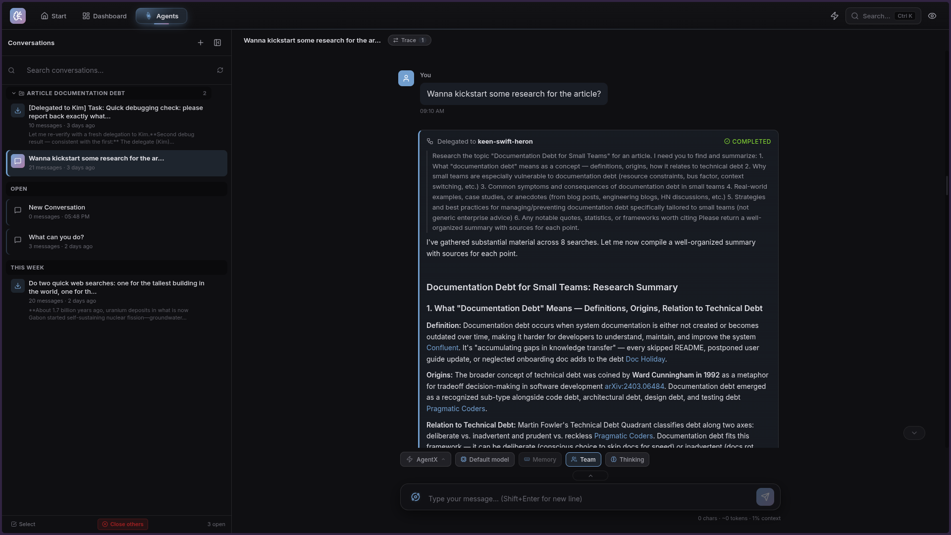 An AgentX conversation showing a task delegated to a specialist agent, marked completed, with the synthesized research summary inline.